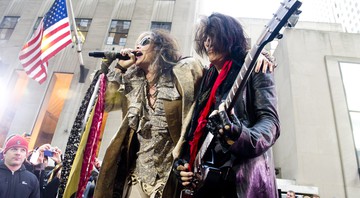 Steven Tyler e Joe Perry em apresentação do Aerosmith em Nova Iorque, Estados Unidos.  - Charles Sykes/Invision/AP