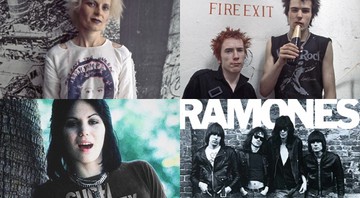 Vivienne Westwood; Johny Rotten e Sid Vicious, do Sex Pistols; Joan Jett, do The Runaways e capa do disco Ramones (1976) — símbolos da era punk - AP/Reprodução