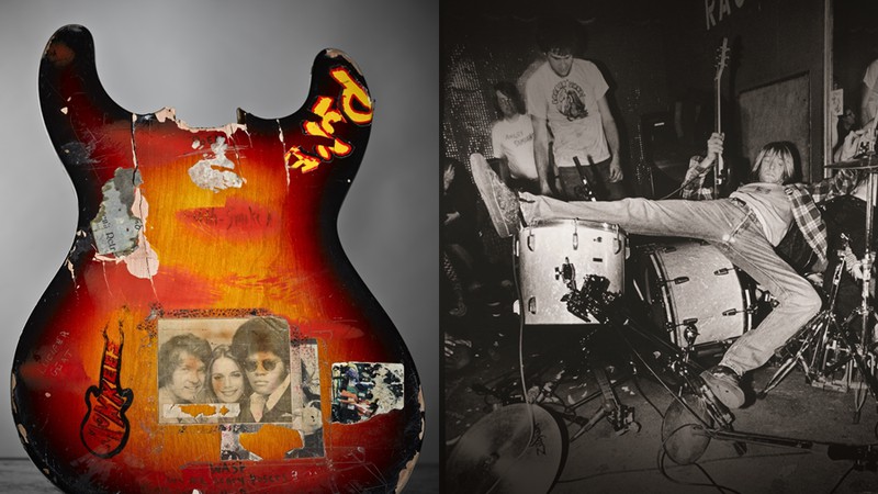 Guitarra antiga de Kurt Cobain e imagem do Nirvana, ambos presentes na exposição sobre a banda, Taking Punk to the Masses