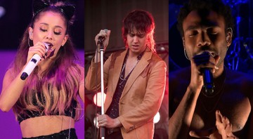 Ariana Grande, Julian Casablancas e Childish Gambino (Foto 1: Quarterflash/Vantage News, Foto 2: AP Images, Foto 3: Reprodução)