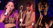 Ariana Grande, Julian Casablancas e Childish Gambino (Foto 1: Quarterflash/Vantage News, Foto 2: AP Images, Foto 3: Reprodução)