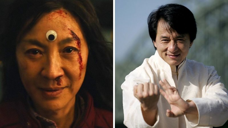 Michelle Yeoh em Tudo em Todo Lugar ao Mesmo Tempo (Foto: Reprodução/A24) e Jackie Chan (Foto: Juergen Schwarz / Correspondente)