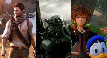 Uncharted 3, Fallout 3 e Kingdom Hearts 3 (Imagem: Divulgação)