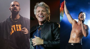 Drake (Foto 1: Charles Sykes), Bon Jovi (Foto 2: Ricardo Matsukawa Mercury) e Dan Reynolds (Foto 3: Andréia Takaishi)