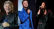 Jon Bon Jovi, Justin Timberlake e Demi Lovato (Foto 1: John Shearer/AP) (Foto 2: Ricardo Matsukawa/ Mercury Concerts) (Foto 3: Kevin Winter/Getty Images for Bud Light Super Bowl Music Fest)