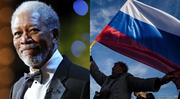 Morgan Freeman (Foto: Getty Images / Frazer Harrison / Equipe) e bandeira da Rússia (Foto: Alexander Aksakov/Getty Images)