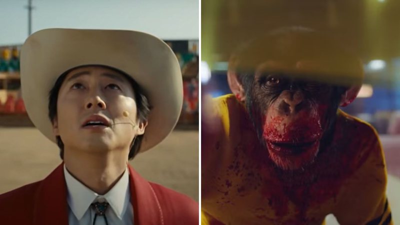 Steven Yeun em Não! Não Olhe! (Foto: Reprodução/Universal Studios) e cena do macaco assassino do filme (Foto: Reprodução/Universal Studios)