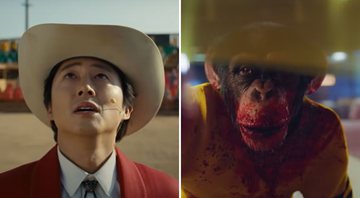 Steven Yeun em Não! Não Olhe! (Foto: Reprodução/Universal Studios) e cena do macaco assassino do filme (Foto: Reprodução/Universal Studios)
