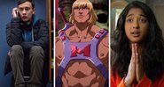 Keir Gilchrist em Atypical (Foto: Reprodução/Netflix), He-Man (Foto: Reprodução/Netflix) e Maitreyi Ramakrishnan em Eu Nunca (Foto: Reprodução/Netflix)