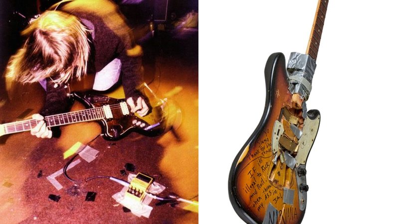 Kurt Cobain em Wilkingsburg, 1989, à esquerda, e Fender Mustang do vocalista (Foto: Reprodução / Pinterest)