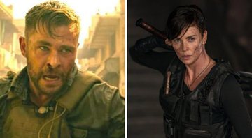 Chris Hemsworth em Resgate, da Netflix (Foto: Reprodução) e Charlize Theron em The Old Guard (Foto: Reprodução/Netflix)