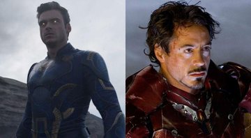 None - Richard Madden como Ikaris em Eternos (Foto: Reprodução / Twitter) e Robert Downey Jr como Homem de Ferro (Foto: Reprodução/Marvel)