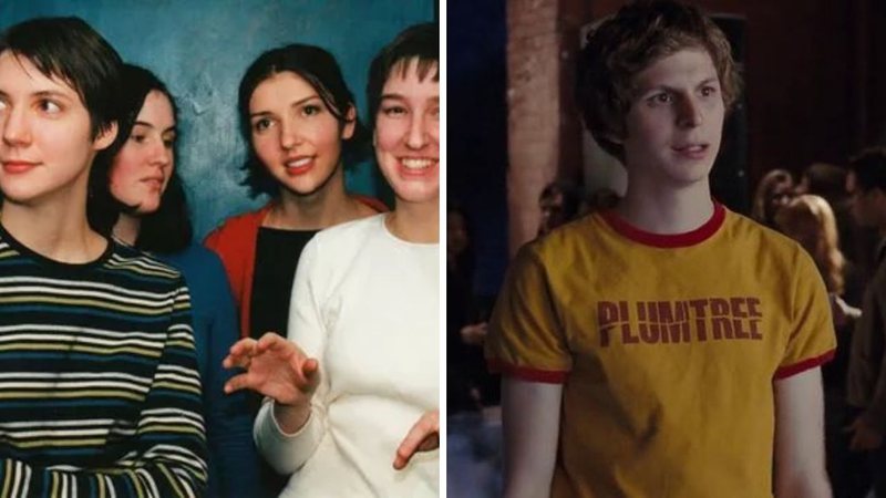 Banda Plumtree (Foto: Reprodução) e Scott Pilgrim com camiseta da banda em cena do filme (Foto: Reprodução/Universal)