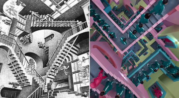 Obra Relatividade, de M. C. Escher e Série Round 6 (Foto: Reprodução)