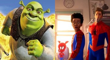 None - Shrek (Foto: Divulgação / Dreamworks) e Homem-Aranha no Aranhaverso (Fotos: Sony Pictures Animation)