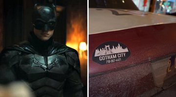 None - Robert Pattinson como Batman (Foto: Reprodução/YouTube) e táxi no set do filme (Foto: Reprodução/Twitter)