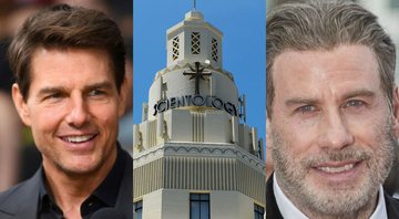 Montagem de Tom Cruise, John Travolta e uma igreja de Cientologia de Los Angeles (Foto 1: Arthur Mola/Invision/AP | Foto  2: Photo by Kevork Djansezian/Getty Images | Foto 3: AFP/Arquivos)