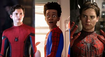 None - Tom Holland como Homem-Aranha, Homem-Aranha no Aranhaverso e Tobey Maguire como Homem-Aranha (Fotos: Divulgação)