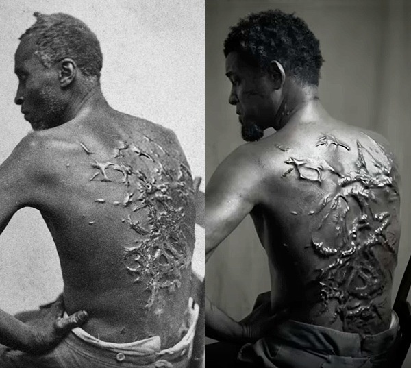 Peter, escravizado açoitado de costas. Will Smith no filme Emancipation, reproduzindo a foto.