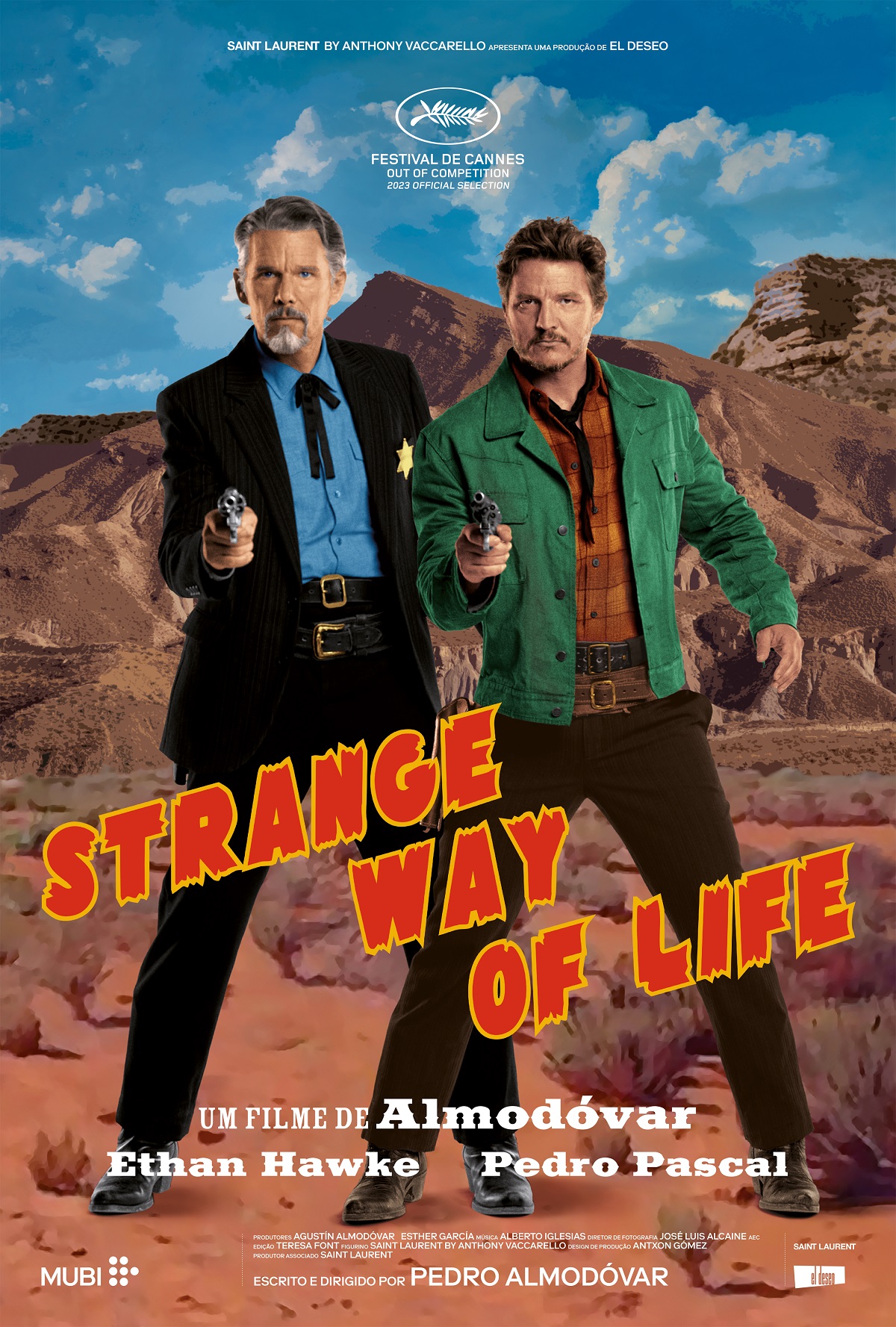 Poster de Strange Way of Life com Ethan Hawke e Pedro Pascal vestidos de caubóis.