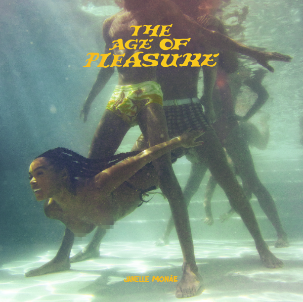 Capa do álbum The Age of Pleasure. Janelle Monáe mergulha em uma piscina.