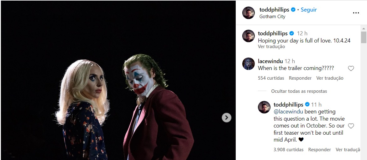 Todd Phillips, diretor de Joker: Folie à Deux, revela quando devemos conferir a primeira prévia da aguardada sequência de Coringa (2019) (Foto: Reprodução/Instagram)