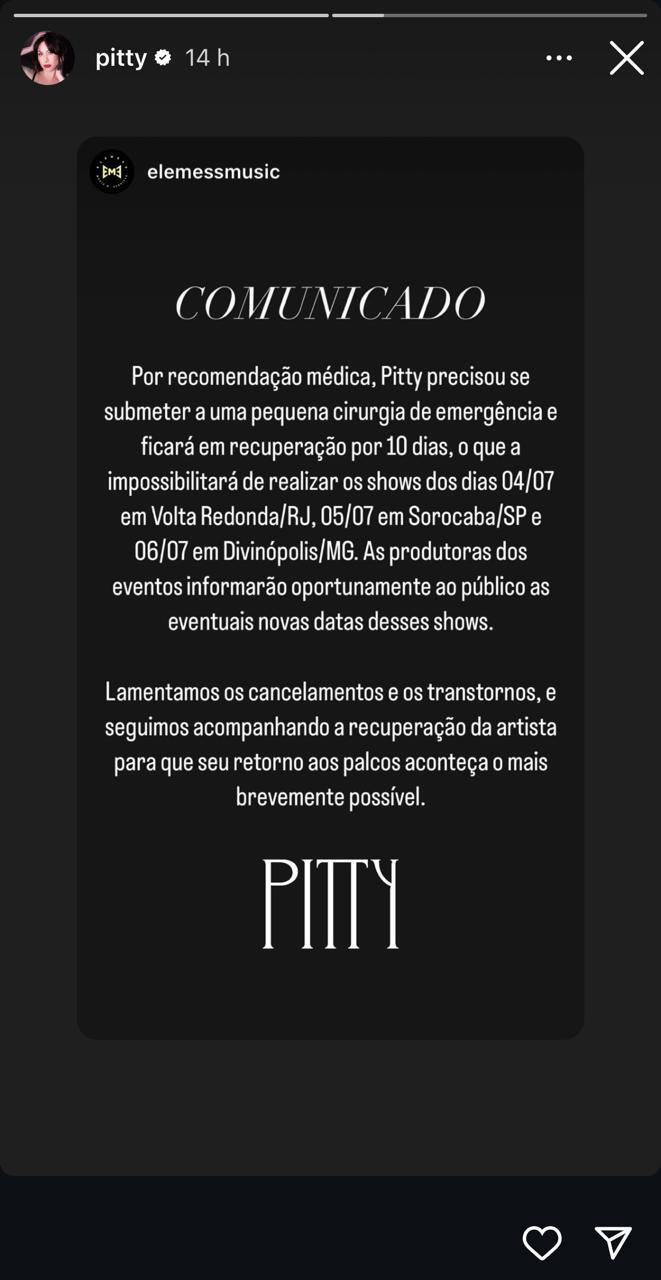 Comunicado de Pitty sobre cancelamento de shows