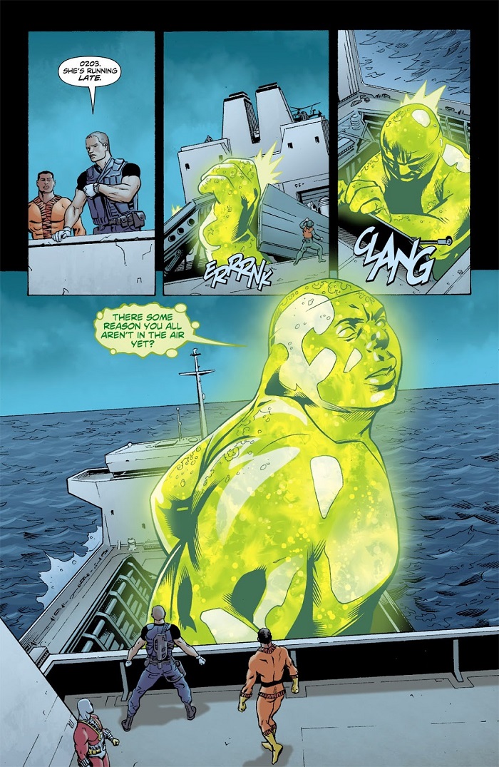 Reprodução dos quadrinhos. Em um navio, Chemanda se coloca de pé. Dois homens observam.
