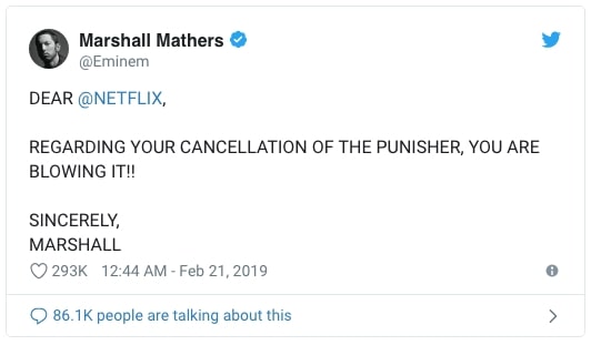 Eminem não está feliz com o cancelamento de O Justiceiro