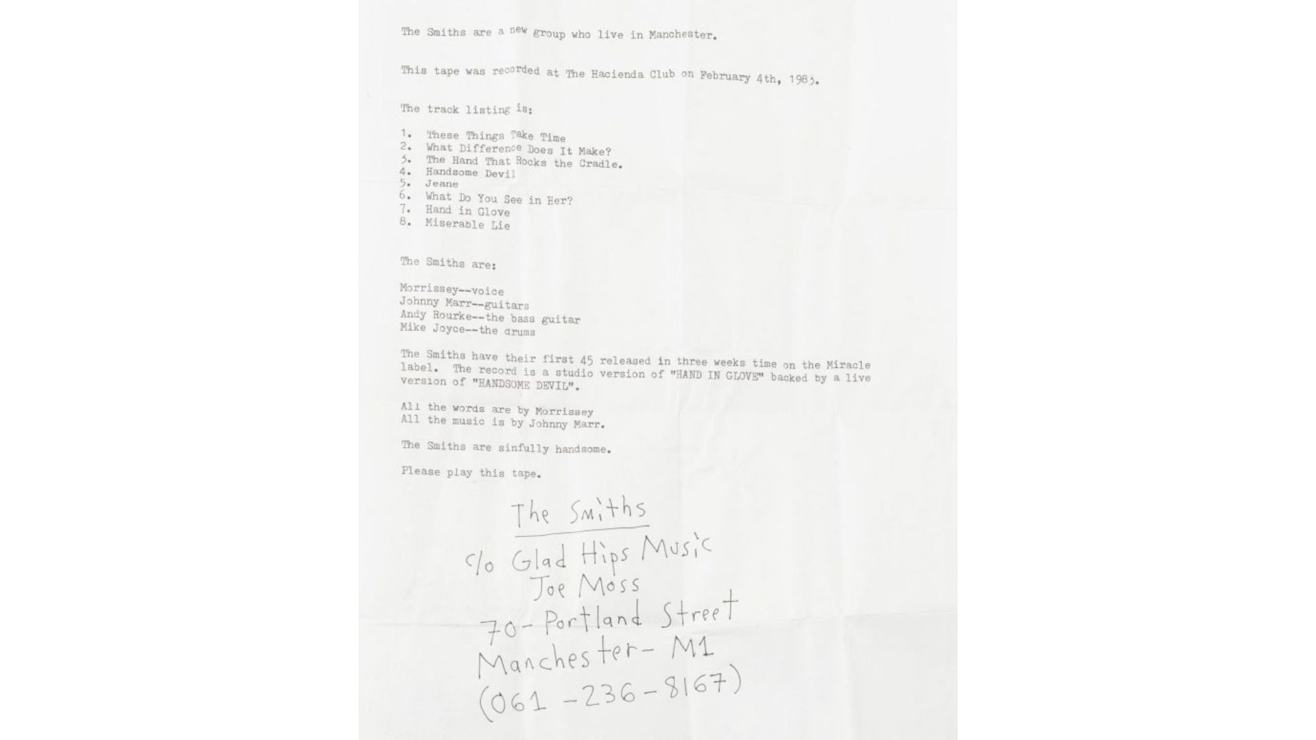 Carta de apresentação do The Smiths para tocar no The John Peel Sessions