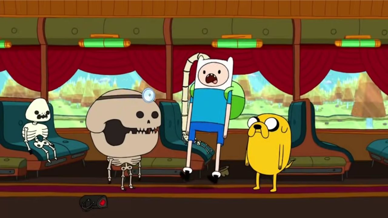 Finn, Jake e outros personagens como esqueletos no vagão de um trem