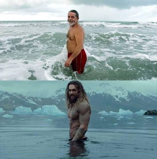 Imagem de Lula na água dividida com imagem de Jason Momoa também no mar