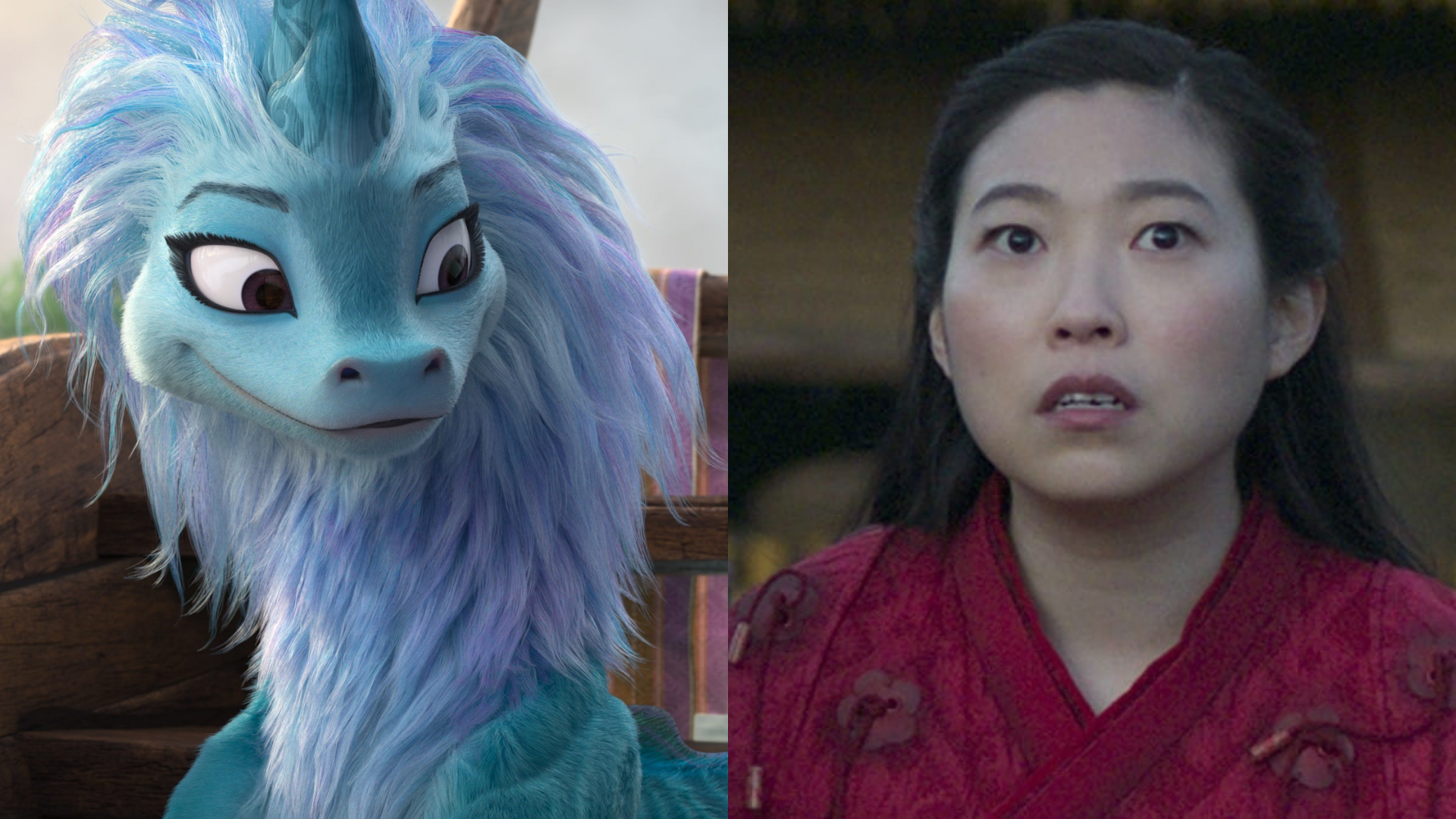 Sisu de Raya e o Último Dragão (Foto: Reprodução / Disney) | Awkwafina  em Shang-Chi e a Lenda dos Dez Anéis (Foto: Reprodução / Marvel)