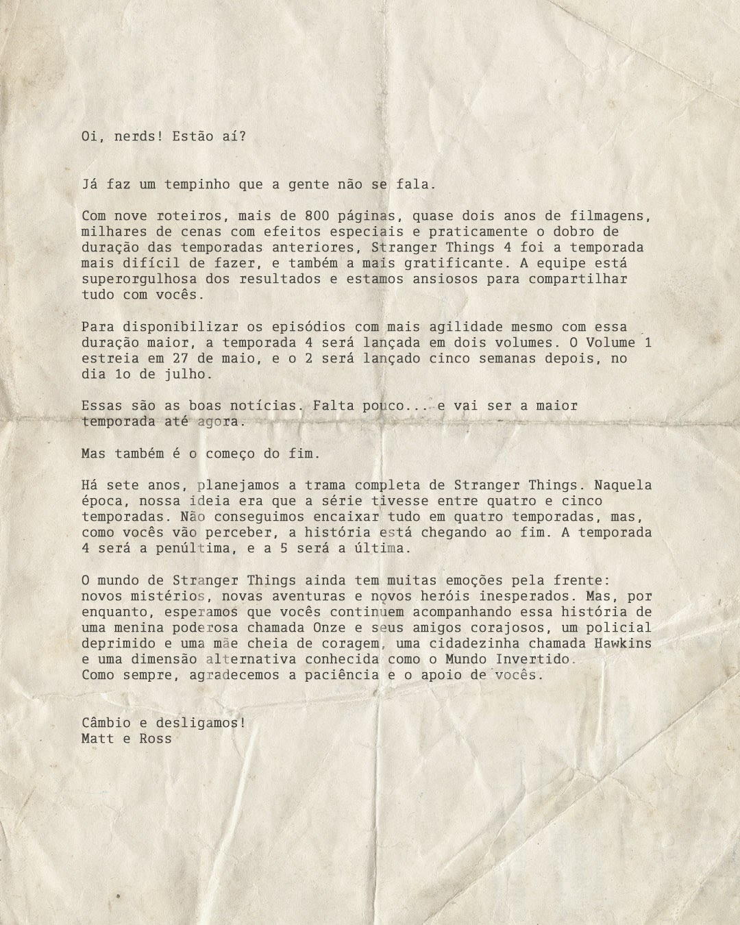 Carta dos irmãos Duffer, de Stranger Things (Foto: Divulgação Netflix)