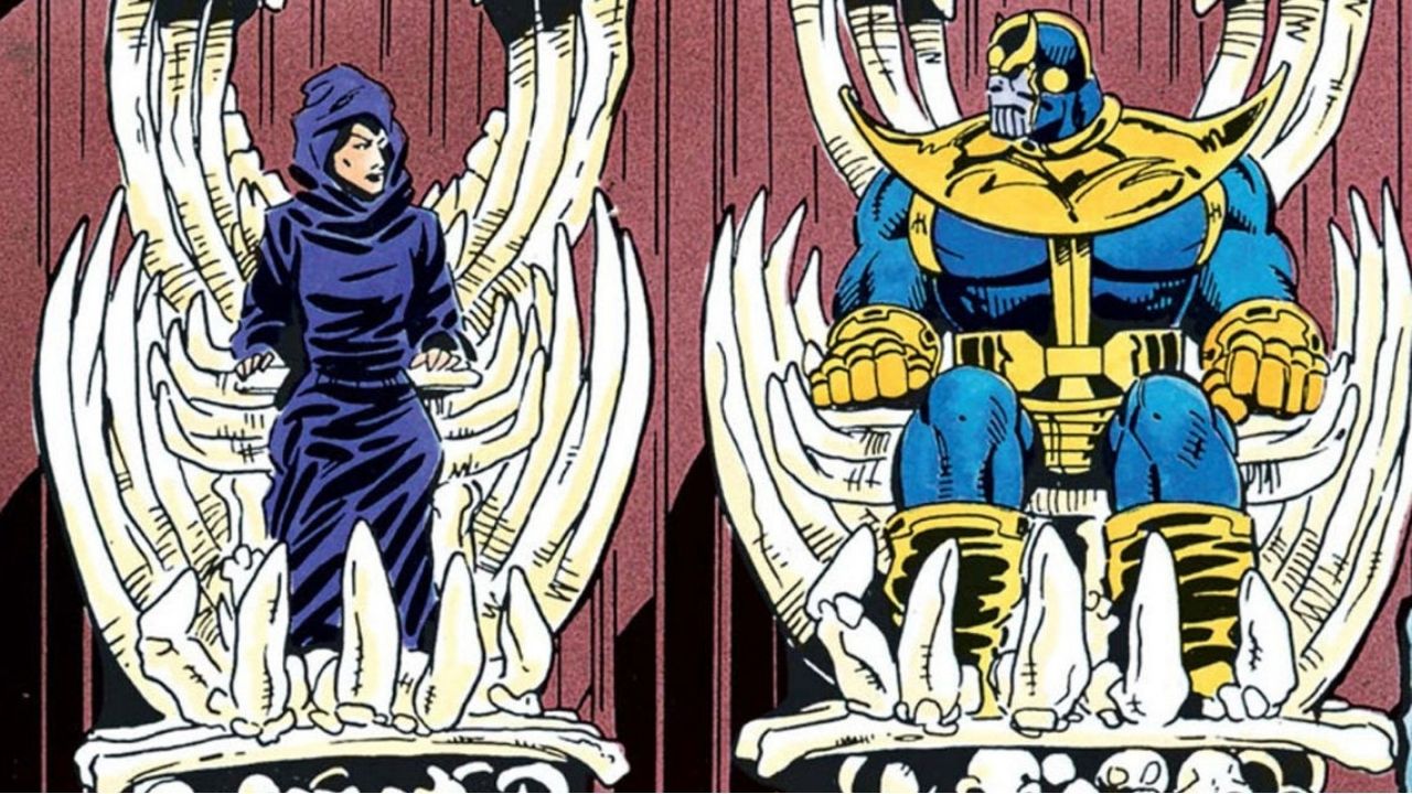 Ilustração de Thanos e Morte sentados em tronos