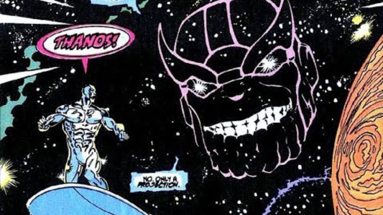 Ilustração de Thanos e Surfista Prateado em um fundo preto com alguns planetas.