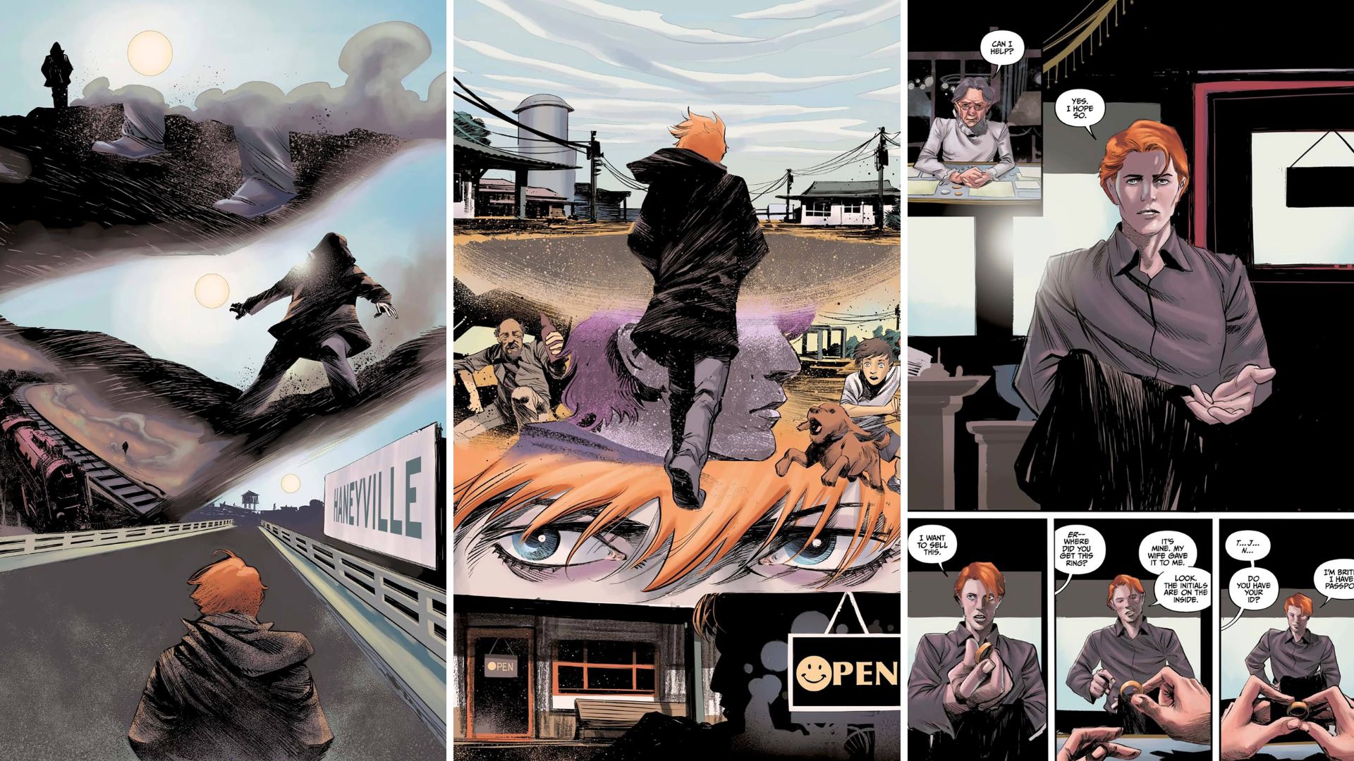 Trechos da graphic novel de "The Man Who Fell To Earth", da Titan Comics