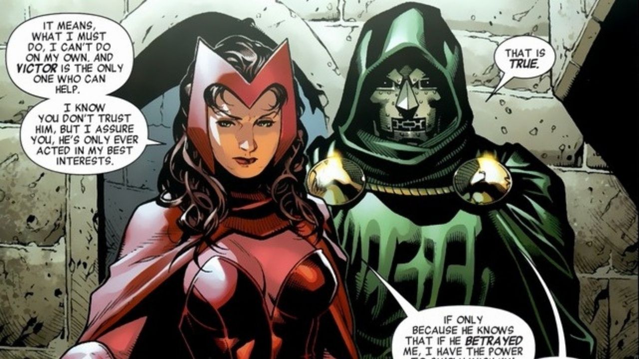 Reprodução dos quadrinhos. Wanda, com vestido vermelho, ao lado de Doutro Destino, com armadura prateada coberta com panos verdes.